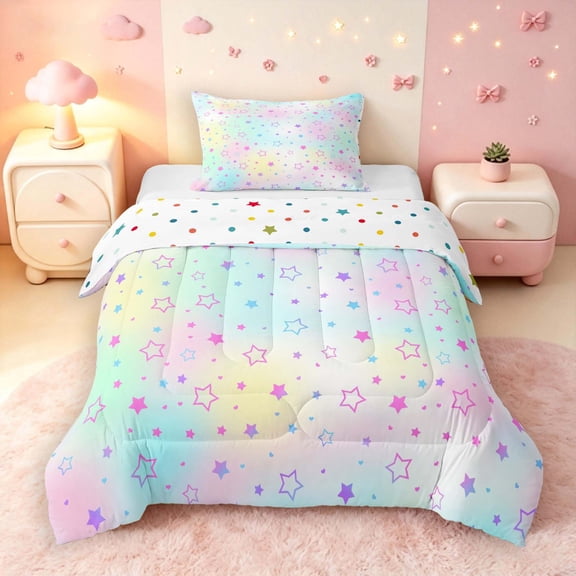 Manfei Dreamy Watercolor Stars Twin Comforter Sets,Kawaii Cartoon Theme Bedding Set,Multicolor,Polkadot Reversible,2-Piece,1 Comforter and 1 Pillowcase