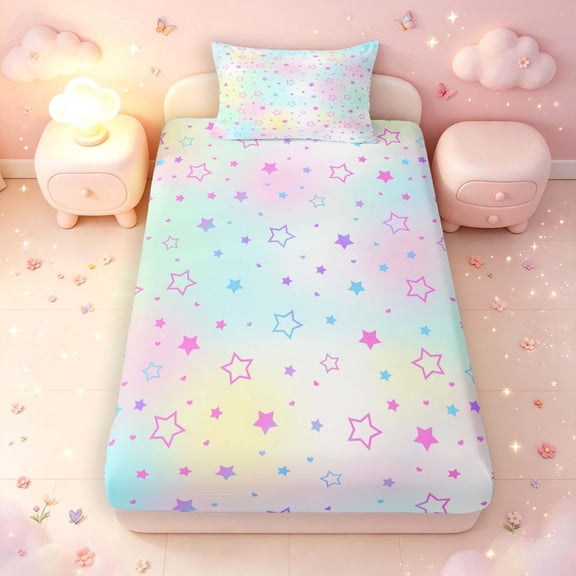Manfei Dreamy Watercolor Stars Twin Fitted Sheet,Kawaii Cartoon Theme Bedding,Multicolor,2-Piece