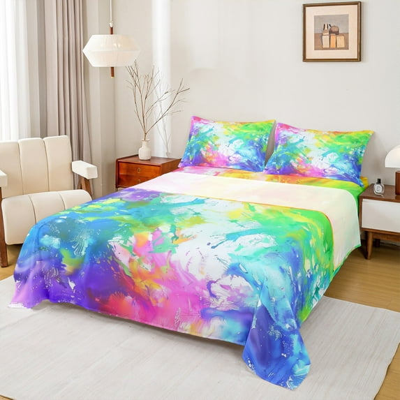 Manfei Dreamy Watercolor Twin Sheet Sets for Teens, Oil Printing Twin Fitted Sheet, Modern Abstract Art Flat Sheet, Super Cozy Room Decor, 3-Piece