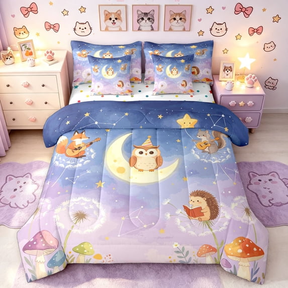 Manfei Dreamy Woodland Owl Queen Bedding, Starry Sky Moon Bedding Comforter Set Queen, Purple Blue, Polkadot Reversible, 7pcs