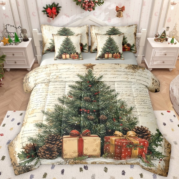 Manfei Dreamy Xmas Tree Bedding Comforter Set 7pcs, Vintage Christmas Gift Queen Bedding Sets, Mid Century Reversible Queen Sheet Sets, Microfiber Bedroom Decor