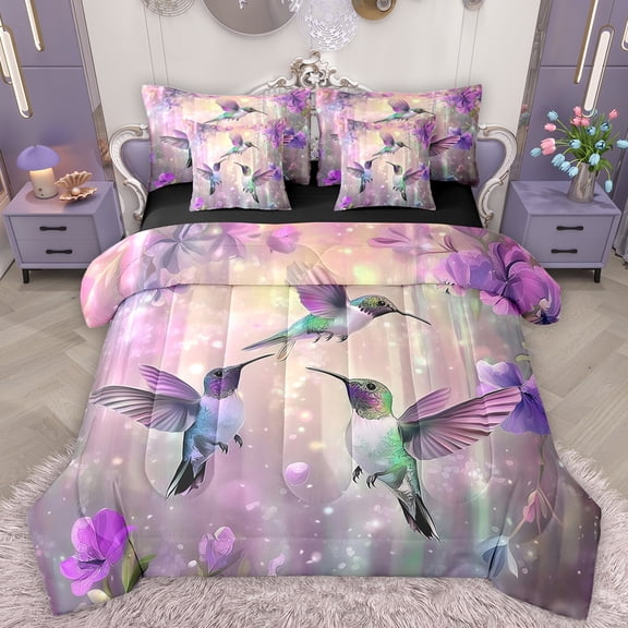 Manfei Dreay Purple Bird Bedding Comforter Set 7pcs for Women, Kawaii Hummingbird King Bedding Sets, Modern Fashion Reversible Bed Sheets, Lightweight Room Decor