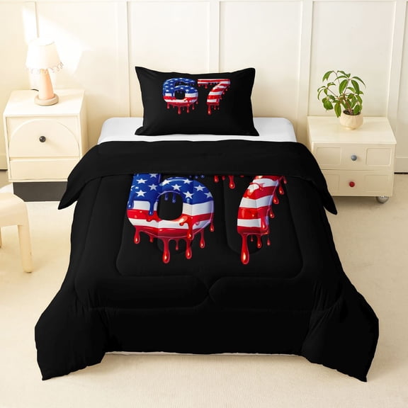 Manfei Drip Number 67 Print Twin Comforter Sets,Classic American Flag Bedding Set,Red White Navy,Black Reversible,2-Piece,1 Comforter and 1 Pillowcase