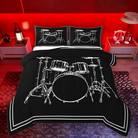Manfei Drum Kit Bedding Comforter Set,Music Instrument Twin Comforter Sets,White Black Bedding Set For Boys Kids,Breathable Home Decor Reversible,2-Piece