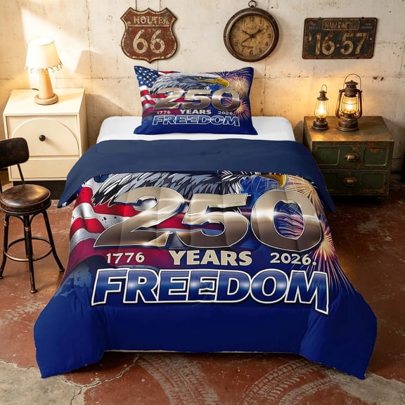 Manfei Eagle FireworkS Twin Comforter Sets, 250 Years Freedom US Flag Bedding Set, Navy Blue, Navy Reversible 2 Pieces, 1 Comforter and 1 Pillowcase