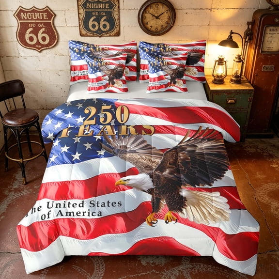 Manfei Eagle Print Twin Bedding, Waving American Flag Bedding Comforter Set, Red White Blue Brown, Gray Reversible 7-Piece