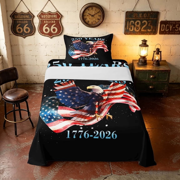 Manfei Eagle USA Flag Twin Sheets, Patriotic 250 Years Bedding, Red White Blue Black, Black Reversible 3-Piece (1 Flat Sheet, 1 Fitted Sheet and 1 Pillowcase)