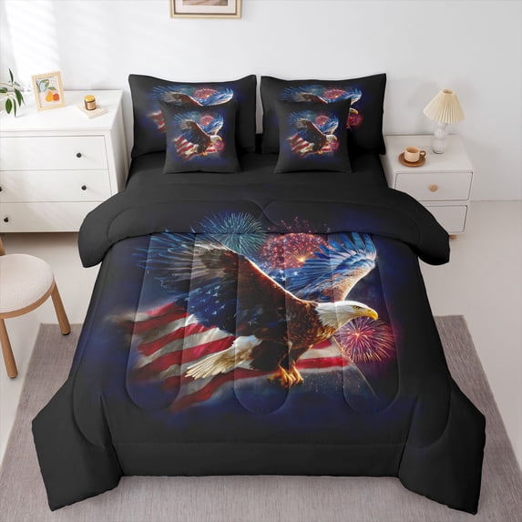 Manfei Eagle Usa Flag 7-Piece Twin Bedding,July 4Th Fireworks Bedding Comforter Set,Brown Red Blue,Black Reversible