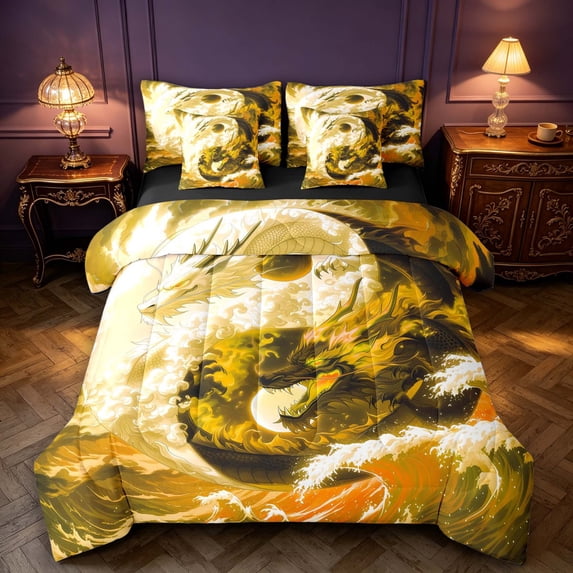 Manfei Eastern Dragon Animals 7-Piece Twin Bedding,Traditional Cloud Bedding Comforter Set,Brown,Black Reversible