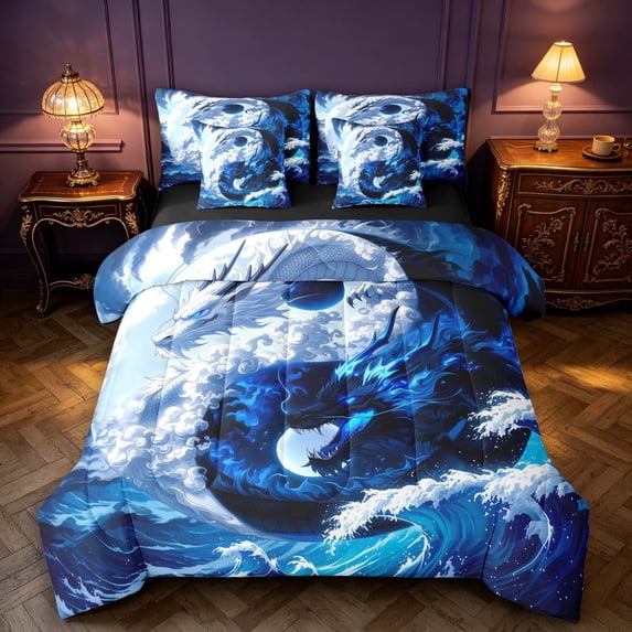 Manfei Eastern Dragon Animals 7-Piece Twin Bedding,Traditional Ocean Wave Cloud Bedding Comforter Set,Blue,Black Reversible
