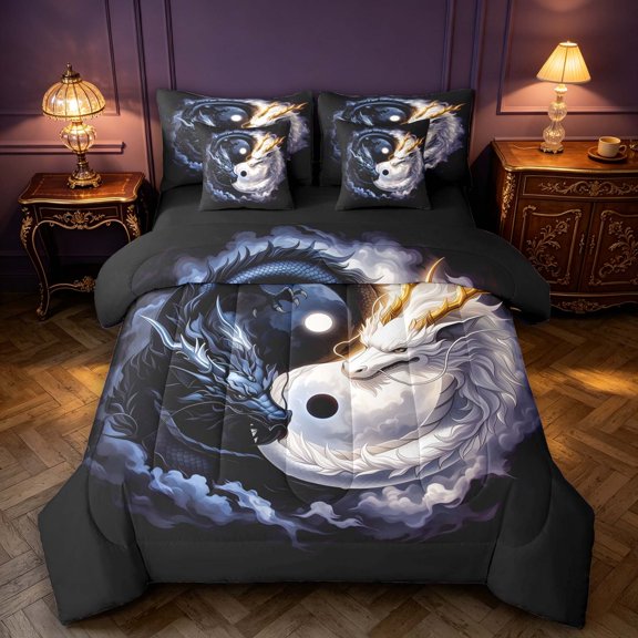 Manfei Eastern Dragon Animals 7-Piece Twin Bedding,Traditional Wildlife Bedding Comforter Set,Purple Black,Black Reversible