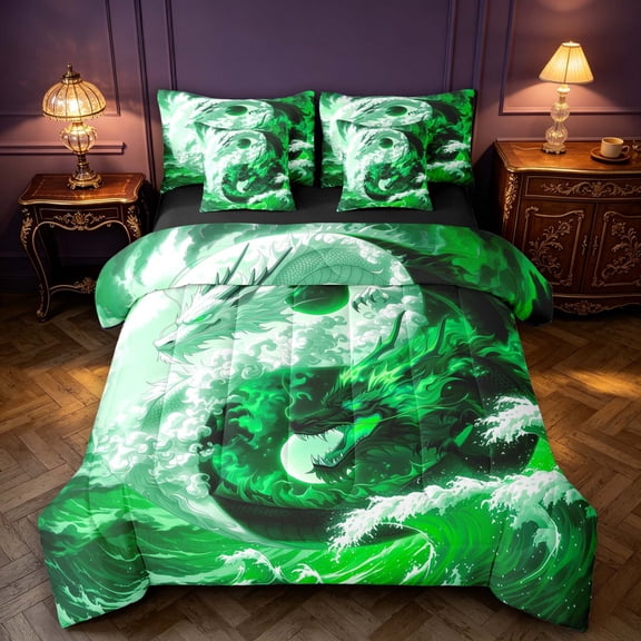 Manfei Eastern Dragon Animals 7 Pieces Full Size Bedding Sets,Traditional Cloud Full Size Bed in a Bag,Green White,Black Reversible