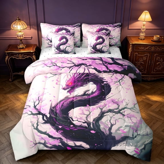 Manfei Eastern Dragon Animals 7pcs Queen Bedding,Dreamy Flowers Bedding Comforter Set Queen,Purple Gray,Reversible