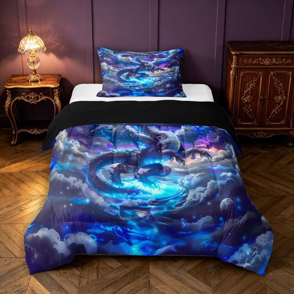 Manfei Eastern Dragon Animals Twin Comforter Sets,Fantasy Cloud Stars Bedding Set,Blue,Black Reversible,2-Piece,1 Comforter and 1 Pillowcase