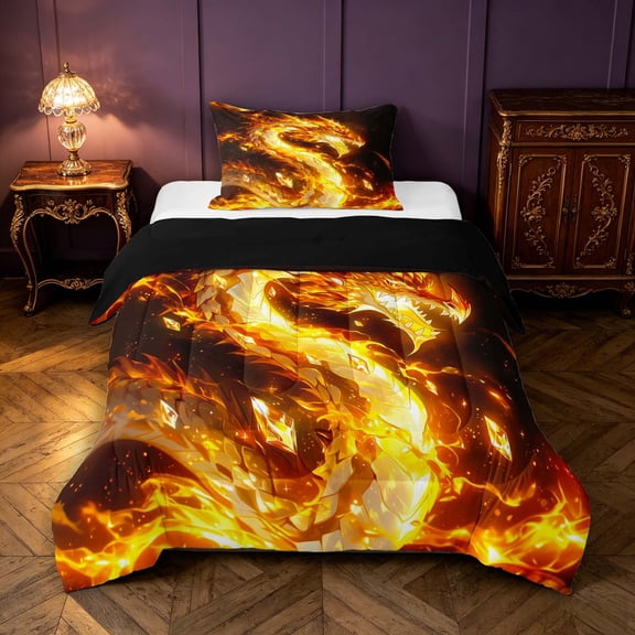 Manfei Eastern Dragon Animals Twin Comforter Sets,Fantasy Wildlife Bedding Set,Orange Yellow,Black Reversible,2pcs,1 Comforter and 1 Pillowcase