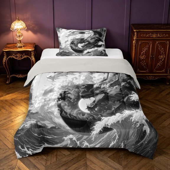 Manfei Eastern Dragon Animals Twin Comforter Sets,Traditional Wildlife Bedding Set,Gray White,Light Gray Reversible,2-Piece,1 Comforter and 1 Pillowcase