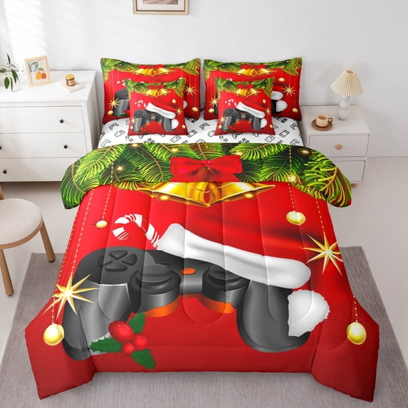 Manfei Eat Sleep Game Bedding Comforter Set 7-Piece for Kid, Gamepad Geometric King Bedding Sets, Red Christmas Hat Reversible Bed Sheets, Lightweight Room Decor