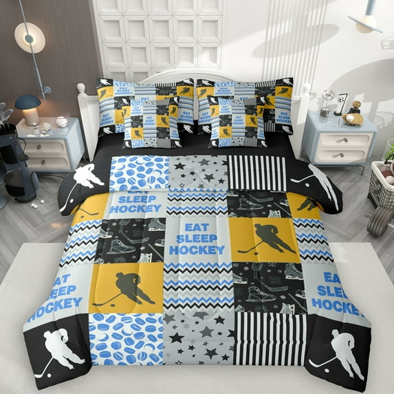 Manfei Eat Sleep Hockey 7-Piece Twin Bedding Sets for Boys, Stripes Abstract Bedding Comforter Set, Blue Orange Patchwork Plaid Reversible Sheet Sets, Luxury Bedroom Decor