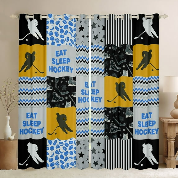 Manfei Eat Sleep Hockey Black Out Curtains for Boys, Stripes Abstract Curtains Pack of 2 (42x63 Each), Blue Orange Patchwork Plaid Bedroom Curtains, Window Curtains Decor