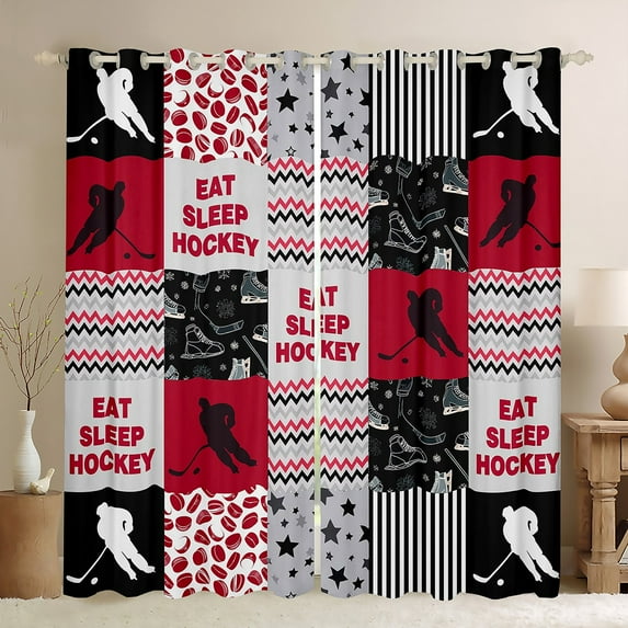 Manfei Eat Sleep Hockey Curtains Pack of 2 (42x84 Each) for Boys, Stripes Abstract Curtains Blackout, Grey Red Patchwork Plaid Bedroom Curtains, Window Curtains Decor