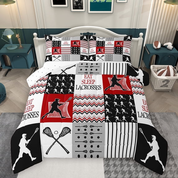Homewish Eat Sleep Lacrosses Bedding Comforter Set for Boys, Stripes Abstract Line Twin Comforter Sets, Vintage Patchwork Plaid Reversible Bedding Set, Ultra Soft Bedroom Decor, 2 Pieces