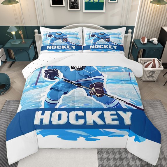Manfei Eat Sleep Sports Queen Comforter Set for Teens, Cartoon Ice Hockey Bedding Sets, American Sports Theme Reversible Bedding Comforter Set, Super Cozy Room Decor, 3pcs