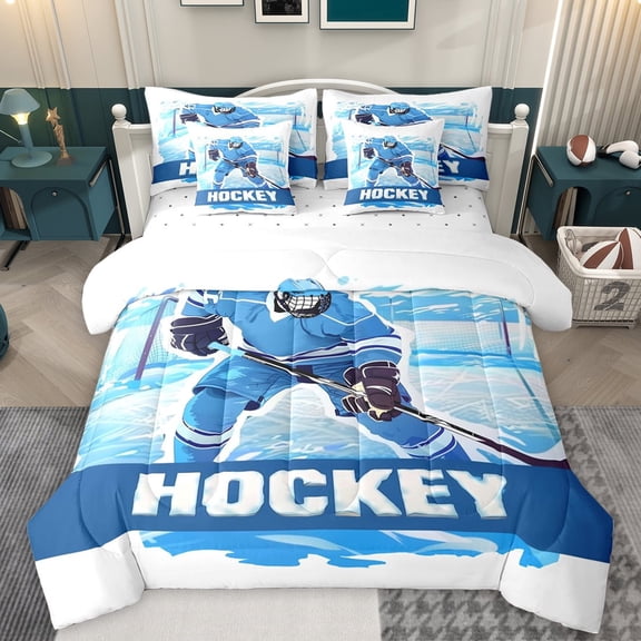 Manfei Eat Sleep Sports Twin Bedding Sets 7-Piece for Teens, Cartoon Ice Hockey Bedding Comforter Set, American Sports Theme Reversible Sheet Sets, Super Cozy Room Decor