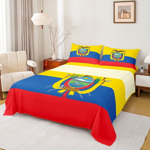 Manfei Ecuador Flag Queen Sheets,Patriotic Theme Art Queen Sheet Sets,Yellow Blue Red,4 Pieces,1 Flat Sheet, 1 Fitted Sheet and 2 Pillowcases
