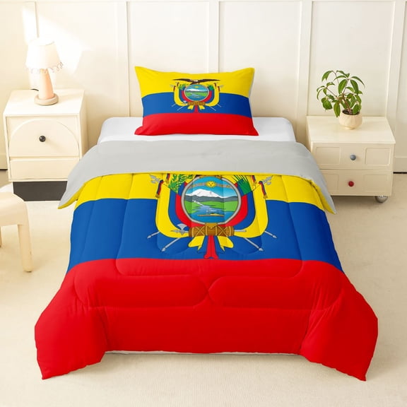 Manfei Ecuador Flag Twin Comforter Sets,Patriotic Theme Art Bedding Set,Yellow Blue Red,Light Gray Reversible,2pcs,1 Comforter and 1 Pillowcase