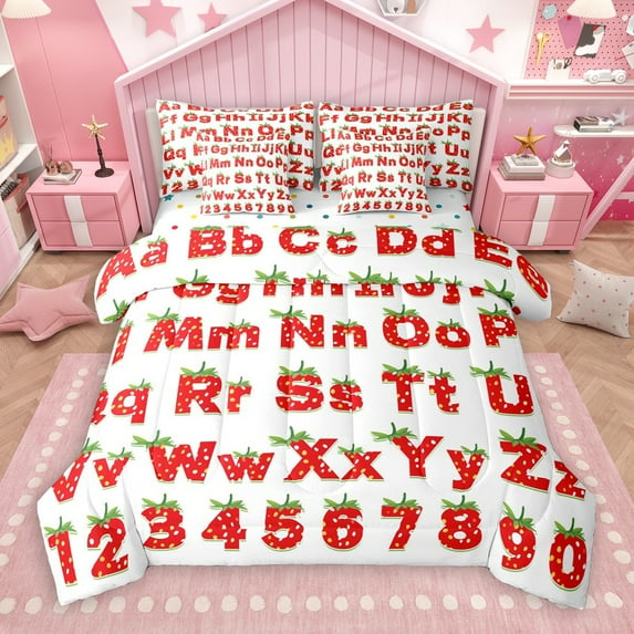 Manfei Educational Learning 7-Piece Bedding Comforter Set,26 Letters Alphabet King Bedding Sets,Red Abc Alphabet Bed Sheets For Kids,Ultra Soft Home Decor Reversible