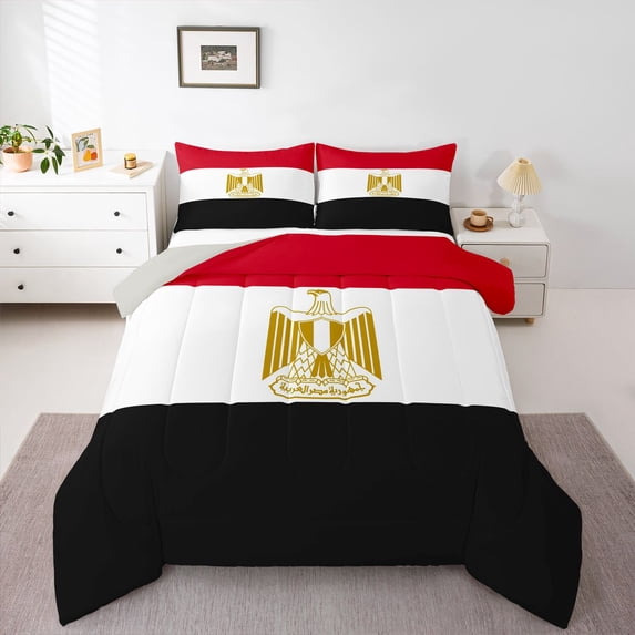 Manfei Egypt Flag Full Size Comforter Sets,World Tour Bedding Comforter Set,Red White Black,Light Gray Reversible,3 Pieces,1 Comforter and 2 Pillowcases