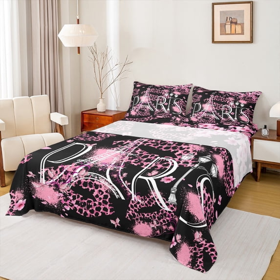 Manfei Eiffel Tower Twin Sheet Set,France Paris,Pink Leopard,3-Piece Luxury