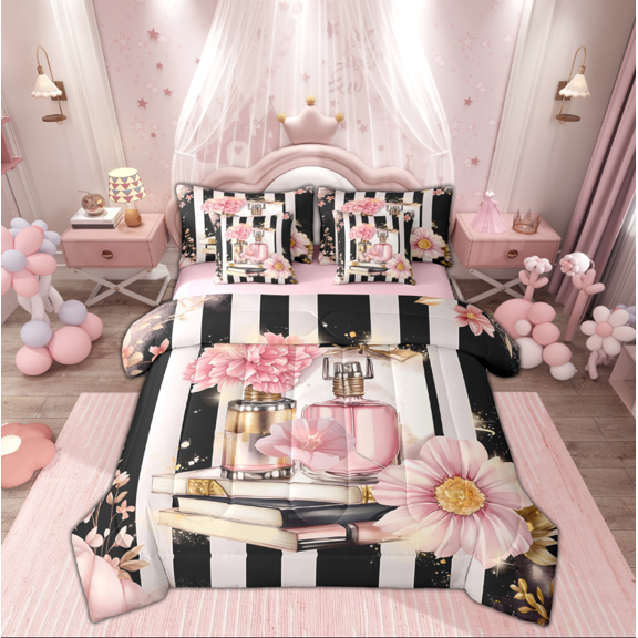 Manfei Elegance Dress Twin Bedding Sets 7-Piece for Girls, Modern Pink Fashion Bedding Comforter Set, Romantic Flower Floral Reversible Sheet Sets, Breathable Home Decor
