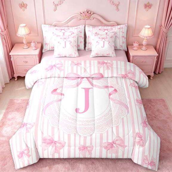 Manfei Elegant Bow Design 7-Piece Bedding Comforter Set For Girls,Pink J Personalized Initial King Bedding Sets For Kids,Pink Reversible
