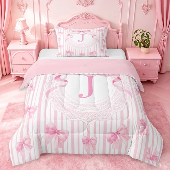 Manfei Elegant Bow Design Twin Comforter Sets For Girls,Pink J Personalized Initial Bedding Set For Kids,Pink Reversible,2pcs