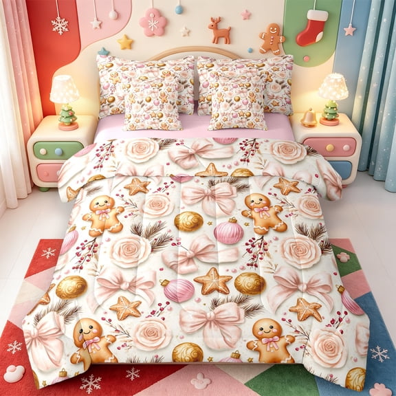 Manfei Elegant Christmas Ball 7-Piece Twin Bedding,Merry Xmas Bedding Comforter Set,Pink Reversible