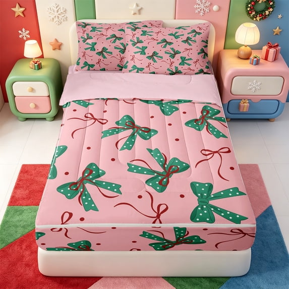 Manfei Elegant Christmas Tree Zipper Queen Comforter Set with Fitted Sheet and 2 Pillowcases,Merry Xmas Zipper Bedding Set,Pink Reversible,4pcs