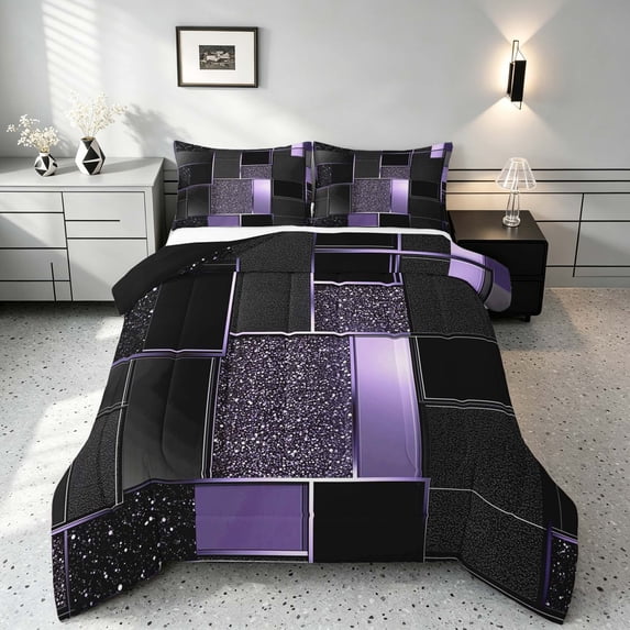 Manfei Elegant Geometric Mosaic Plaid Queen Comforter Set, Glitter Comforter Sets Queen, Black Purple Gold, Black Reversible 3 Pieces, 1 Comforter and 2 Pillowcases