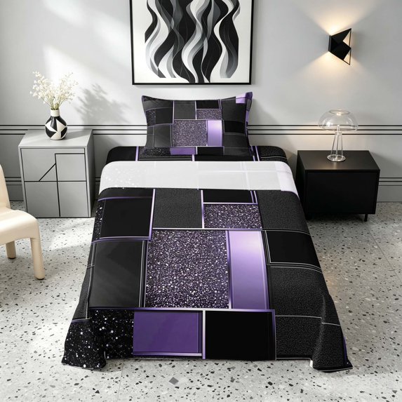 Manfei Elegant Geometric Mosaic Plaid Twin Sheets, Glitter Bedding, Black Purple Gold, Black Reversible 3 Pieces1 Flat Sheet + 1 Fitted Sheet + 1 Pillowcase