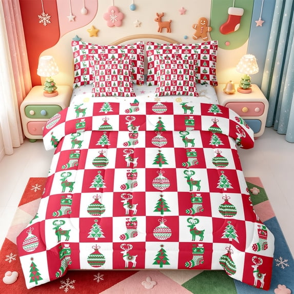Manfei Elegant Xmas Christmas Tree 7 Pieces Full Size Bedding Sets,Winter Holiday Full Size Bed in a Bag,Xmas Reversible