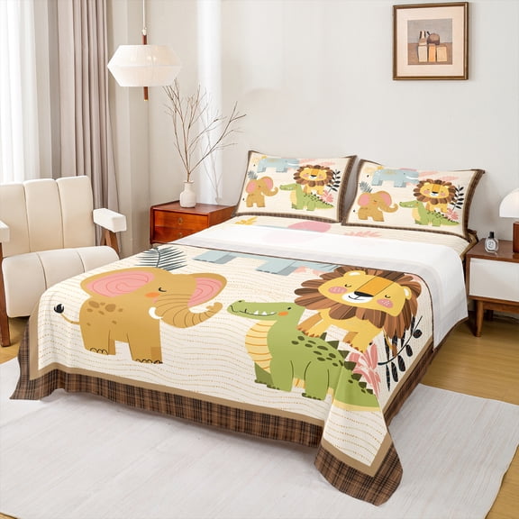 Manfei Elephant Lion Crocodile 4pcs Bed Sheets for Preppy Children Kids,Kawaii Animal King Sheets,Cartoon Wildlife Super Cozy Sheet Set,Breathable Home Decor