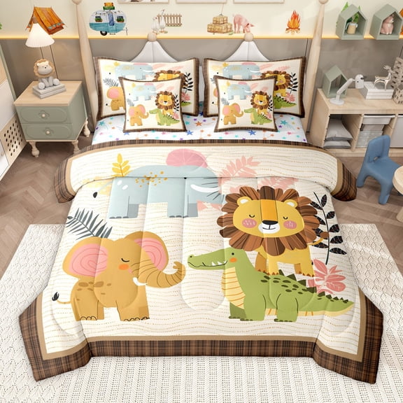 Manfei Elephant Lion Crocodile 7-Piece Bedding Comforter Set for Preppy Children Kids,Kawaii Animal King Bedding Sets,Cartoon Wildlife Ultra Soft Bed Sheets,Breathable Home Decor,Reversible