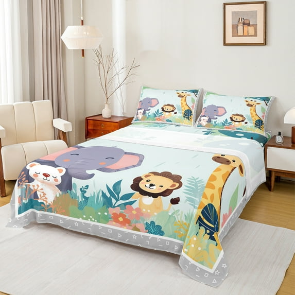 Manfei Elephant Lion Giraffe 3pcs Twin Sheet Sets for Kids Girls Boys,Kawaii Jungle Wildlife Twin Fitted Sheet,Cute Animal Breathable Flat Sheet,Ultra Soft Home Decor