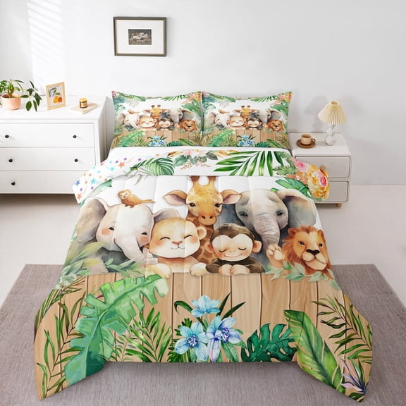 Manfei Elephant Lion Monkey Giraffe 3 Pieces Queen Comforter Set,Woodland Animal Ultra Soft Bedding Sets,Chic Flower Bedding Comforter Set,Ultra Soft Wildlife Room Decor,Reversible
