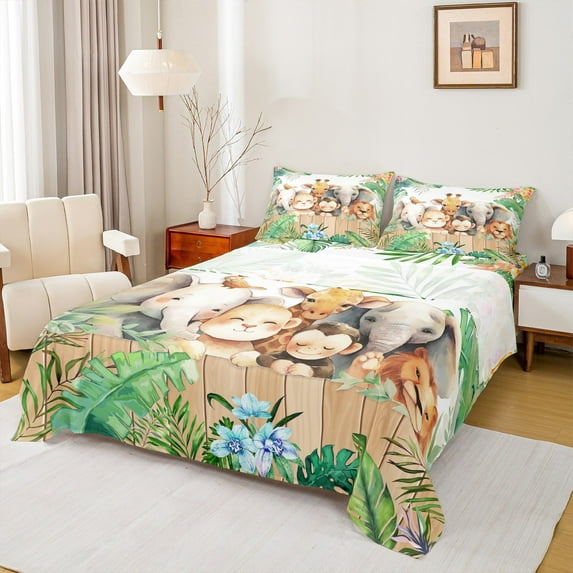 Manfei Elephant Lion Monkey Giraffe 3pcs Twin Sheet Sets,Woodland Animal Twin Fitted Sheet,Chic Flower Breathable Flat Sheet,Ultra Soft Wildlife Room Decor