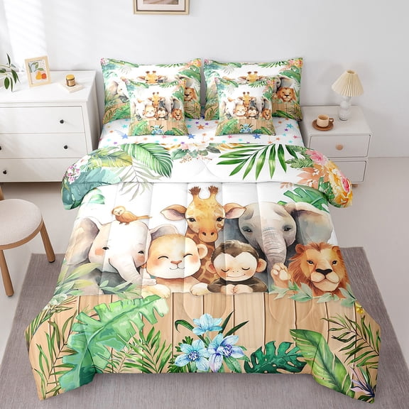 Manfei Elephant Lion Monkey Giraffe 7pcs Bedding Comforter Set,Woodland Animal Queen Bedding Sets Super Cozy,Chic Flower Queen Sheet Sets,Ultra Soft Wildlife Room Decor,Reversible