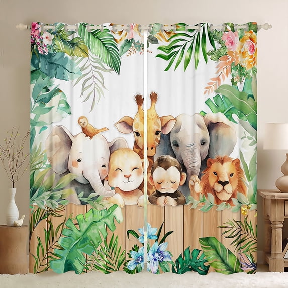 Manfei Elephant Lion Monkey Giraffe Blackout Curtains Set of 2 (52x84 Each),Woodland Animal Window Curtains,Chic Flower Curtains and Drapes,Ultra Soft Wildlife Room Decor