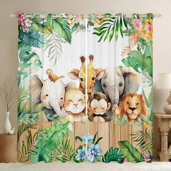 Manfei Elephant Lion Monkey Giraffe Blackout Curtains,Woodland Animal Curtains Pack of 2 (38x45 Each),Chic Flower Window Curtains,Ultra Soft Wildlife Room Decor