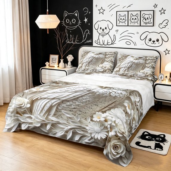 Manfei Emboss Owl Print King Sheets, White Floral Groovy Bedding, Off White, 4-Piece, 1 Flat Sheet, 1 Fitted Sheet and 2 Pillowcases