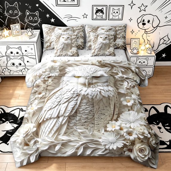 Manfei Emboss Owl Print Twin Bedding, White Floral Groovy Bedding Comforter Set, Off White, Reversible, 7-Piece